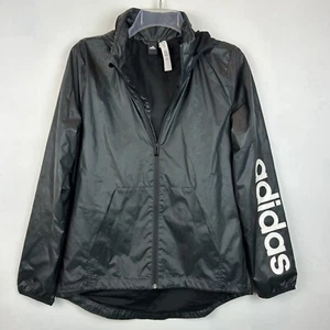 Adidas Windbreaker Mens S Jacket Black Arm Spell Out Full Zip Hooded - Picture 1 of 12