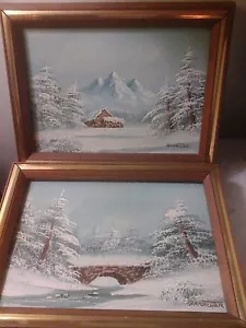 Vntage Pair Barrister Framed Painting Original Winter Cabin&Country Oil On Board - Picture 1 of 7