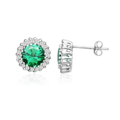 Round Halo Simulated Emerald & CZ Stud Earrings in Sterling Silver - Image 1 of 4