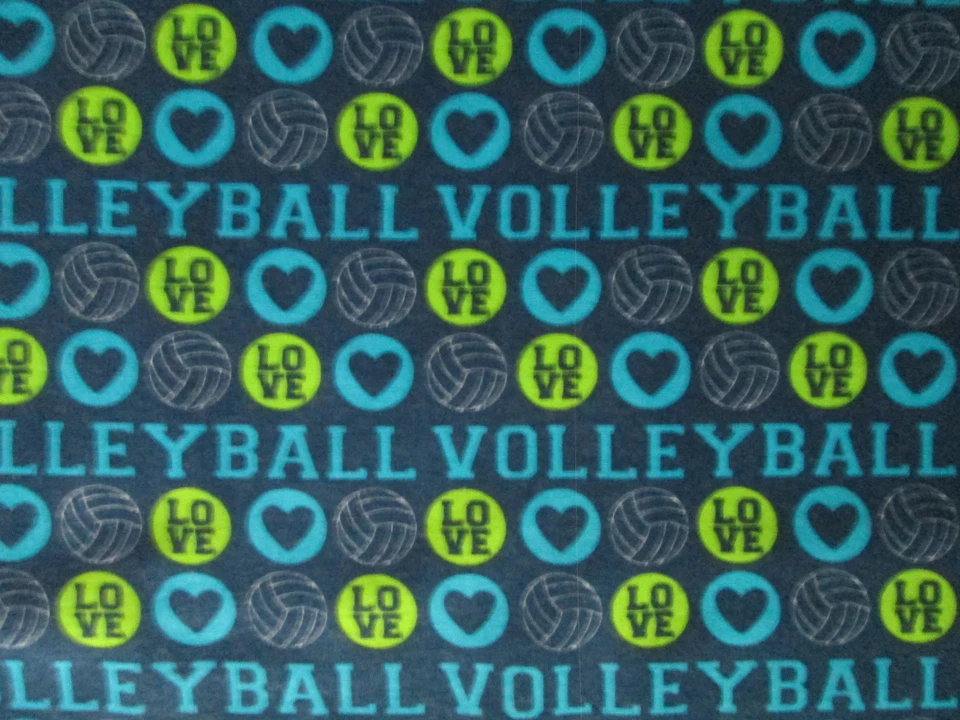Volleyball Sports Love Ble GRN Words Ball Hearts Cotton Flannel Fabric BTHY 60 W