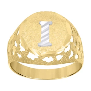 10kt Two-Tone Gold Mens Diamond-Cut Textured Initial Letter I Band Ring - Picture 1 of 2