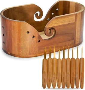 Wooden Yarn Bowl with 9Pcs Knitting Hooks, Crochet Yarn Holder Large Storage New - Picture 1 of 2