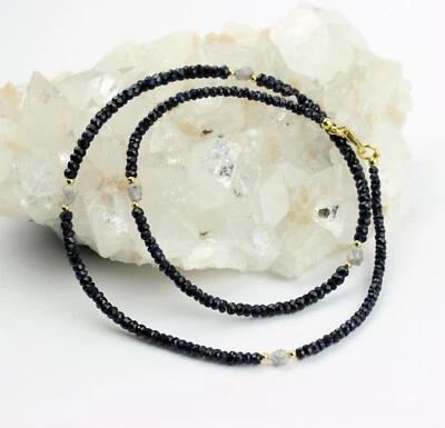 Zaffiro Catena Con Bianco Grigio Rohdiamant Sfaccettato Blu Pietra Collier 47 CM - Immagine 1 di 4