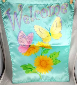 Willkommen Garten Flagge Schmetterlinge & Blumen Frühling 16 x 12" Aqua Gelb Rosa - Bild 1 von 4