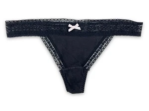 Vintage Victoria Secret Pout Cotton Thong Black Pink Bow M - Picture 1 of 8