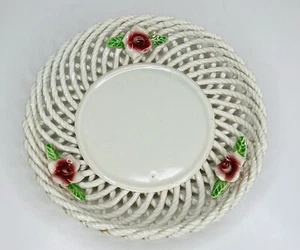 Vtg Woven Ceramic Shallow Plate Basket Applied Flowers Rose Spain *READ Cond. - Picture 1 of 9