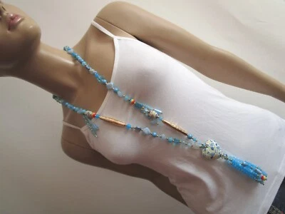 Modekette Damen Hals Kette Bettel Lagenlook Gold Blau Herz Quaste Ibiza Boho NEU - Bild 1 von 4