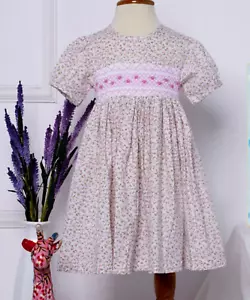 Beautiful White and Pink Rosebud Girl's Smocked Dress Floral Flower - Picture 1 of 3