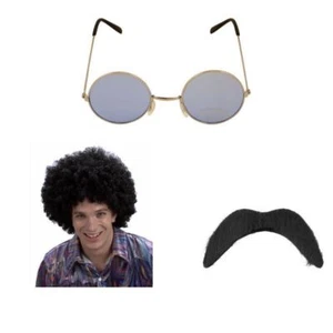Adult 60s 70s Disco Hippy Fancy Dress Wig Moustache Lennon Glasses Fun Party Set - Picture 1 of 4