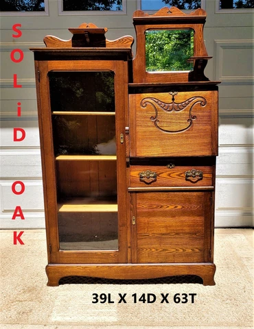 Antique SOLID OAK Side By Side Original Glass & Mirror Bookcase Secretary Cover