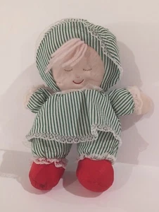 Kuschelwitzpuppe grün gestreiftes Kleid rosa Garn Haar rote Schuhe Stofftier Plüschtier - Bild 1 von 7