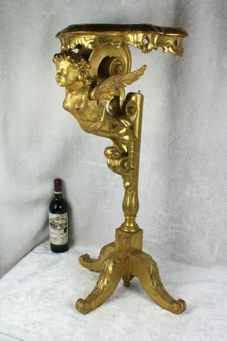 Antique italian Wood carved gold gilt putti cherub angel standing console table Cover