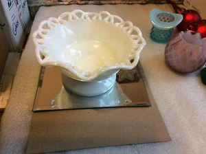 Vintage Indiana 8" W Milk Glass Lattice/Lace Rim Pedestal Bowl - Picture 1 of 3