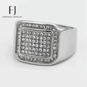 Men's Stainless Steel,Square Cubic Zirconia Ring #8-13 High Polish*BOX - Picture 1 of 4