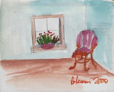 Window Seat 2000 C Peterson * Watercolor Painting * pink chair window flowers — 第 1/4 张图片