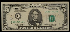 FR 1969-C $5 1969 Federal Reserve Note US - New High SN - CA1675 - Picture 1 of 2