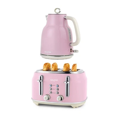 Salter Retro Kettle & Toaster Set 1.7L Fast Boil 4-Slice Wide Slots Pink - Image 1 of 4