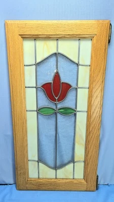 Витражное шлаковое стекло цветок тюльпан навесной дверной шкаф 28x14,5 панель свинцовый красный - Изображение 1 из 4