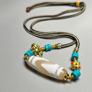 Collana Tibetana Biancaneve Vecchia Agata Dzi Dente di Tigre Perline T1103 - Foto 1 di 9