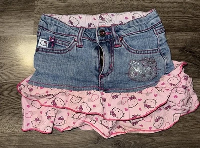 Falda vaquera vintage Y2K Hello Kitty con volantes brillantes pantalones cortos incorporados niñas talla 5 Foto 1 de 4