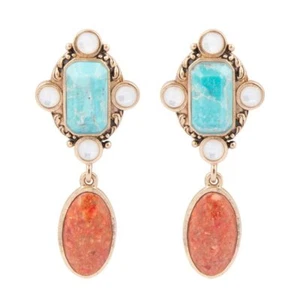 Champs Blue Turquoise and Orange Coral Post Drop Golden Earrings - Picture 1 of 5