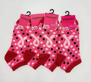 Everbright Women Pink Polka Dot Ribbon Breast Cancer LowCut Socks-4 Pair Sz 9-11 - Picture 1 of 7
