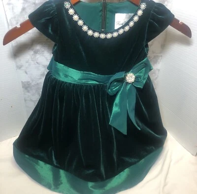 Green Velvet Christmas Dress Pearl Accents, Bows Rare Editions Girl's Size 2T - Image 1 of 4