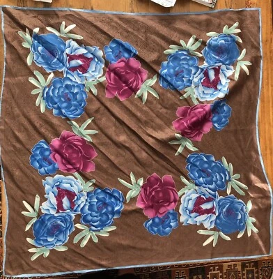 Vintage Vera Neumann Brown Blue & Purple Floral Print Silk Scarf 31" Square - Image 1 of 4