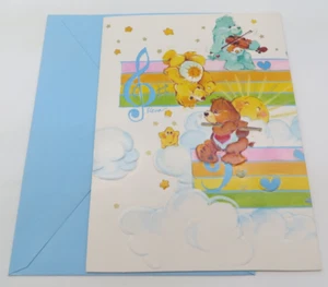 CARE BEARS Vintage Greeting Card 1984 Embossed Birthday Music Notes Trifold - Imagen 1 de 9