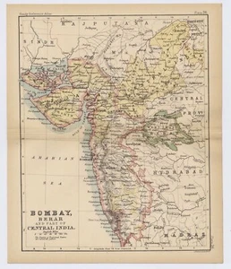 1888 ANTIQUE MAP OF BRITISH INDIA / BOMBAY MUMBAI BERAR GUJARAT MAHARASHTRA - Picture 1 of 3