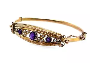 Amethyst & Pearl 9ct Yellow Gold Hinged Vintage Bangle - Picture 1 of 8