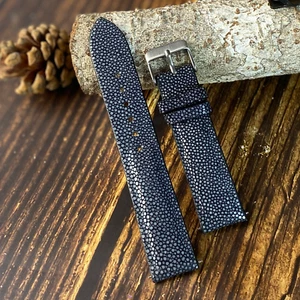 20mm Black Real Leather Watch Band Men Genuine Stingray Watch Strap Handmade - Picture 1 of 9