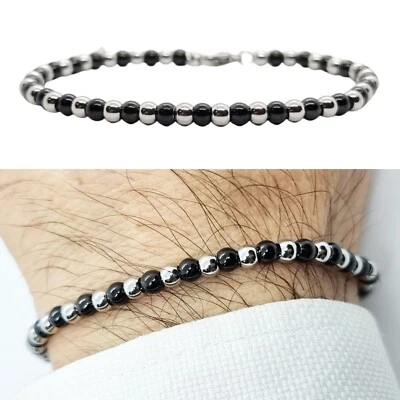 Bracciale da uomo in acciaio inox braccialetto con sfere argento e nere  - Immagine 1 di 4