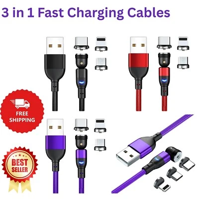3 In 1 Magnetic 3A Fast Charging USB Cable Phone Charger IOS Micro USB Type-C - Image 1 of 4