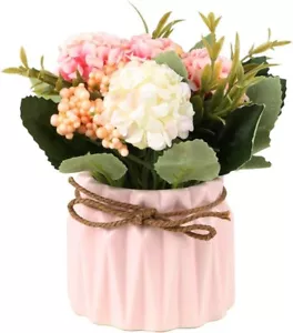 Artificial Hydrangea Bouquet with Small Ceramic Vase Fake Silk Variety Flower Ba - Picture 1 of 6