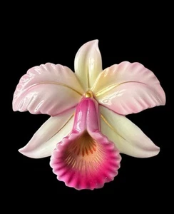 Broche prendedor flor orquídea rosa estampado abanico Toshikane Japón años 50 vintage, Z11 - Imagen 1 de 7