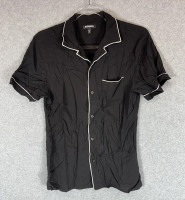 Camisa Express Para Mujer XS Negra Manga Corta Abotonada Borde Blanco Pijama Top XS Foto 1 de 4