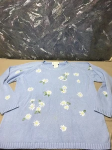 Quaker Factory blauer Strickpullover Oberteil große Stickerei Perlen Gänseblümchen #c12 - Bild 1 von 9
