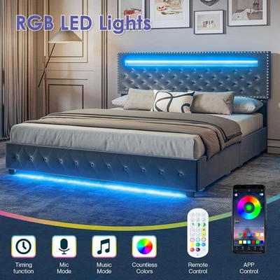 Queen Size Bed Frame with LED Lights Velvet Upholstered Platform with Storage f - Image 1 of 4