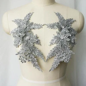 2PCS Embroidered Lace Applique Rhinestones Silver Sequin Sewing Fabric DIY Craft - Picture 1 of 11