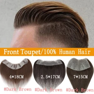 Front Toupet Mens Toupee Human Hair Replacement System PU Base Poly Hairpiece US - Picture 1 of 31