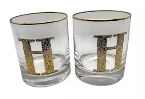 Anthropologie Set 2 Monogram Glasses 24kt Detail 15 Ounces Poland Letter H - Picture 1 of 6