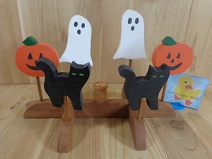 HALLOWEEN CANDLE HOLDER Wood Tapered Black Cat Ghost Pumpkin 8" H x 14" - Picture 1 of 7