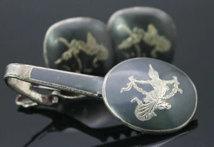 SIAM VINTAGE NIELLO TANZENDE GÖTTIN STERLINGSILBER KRAWATTENNADEL CLIP MANSCHETTENKNÖPFE SET - Bild 1 von 7