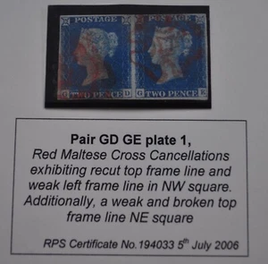 2D BLUE PLATE 1 PAIR GD-GE RED CROSS MARGINS ALL ROUND, CLOSE AT TOP, RPS CERT. - Picture 1 of 4