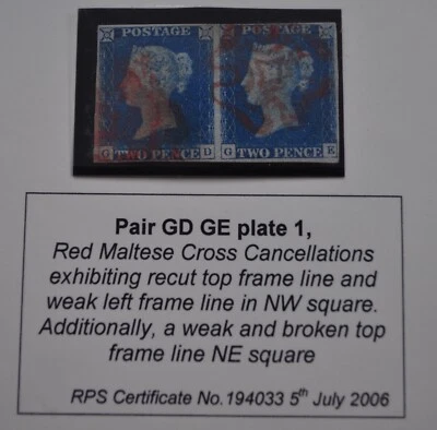 2D BLUE PLATE 1 PAIR GD-GE RED CROSS MARGINS ALL ROUND, CLOSE AT TOP, RPS CERT. - Image 1 of 4