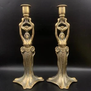 Antique Art Nouveau Brass Woman Lady Candlesticks Candle Holders Figural Pair - Picture 1 of 15