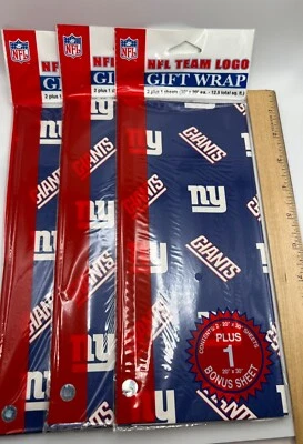 3 PKS NY Giants Gift Wrap Wrapping Paper Christmas Birthday 30"x20" 12.5 sq ft - Image 1 of 4