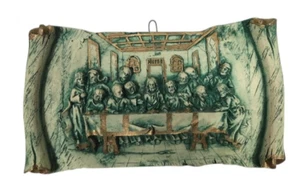 Jesus The Last Supper Scroll Embossed 3D Green Background Gold Trim Wall Hanging - Picture 1 of 22