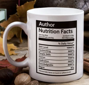 Autor Nährwertangaben Kaffeebecher lustiges Geschenk für Schriftsteller Romancier Tasse Geschichtenerzähler - Bild 1 von 7